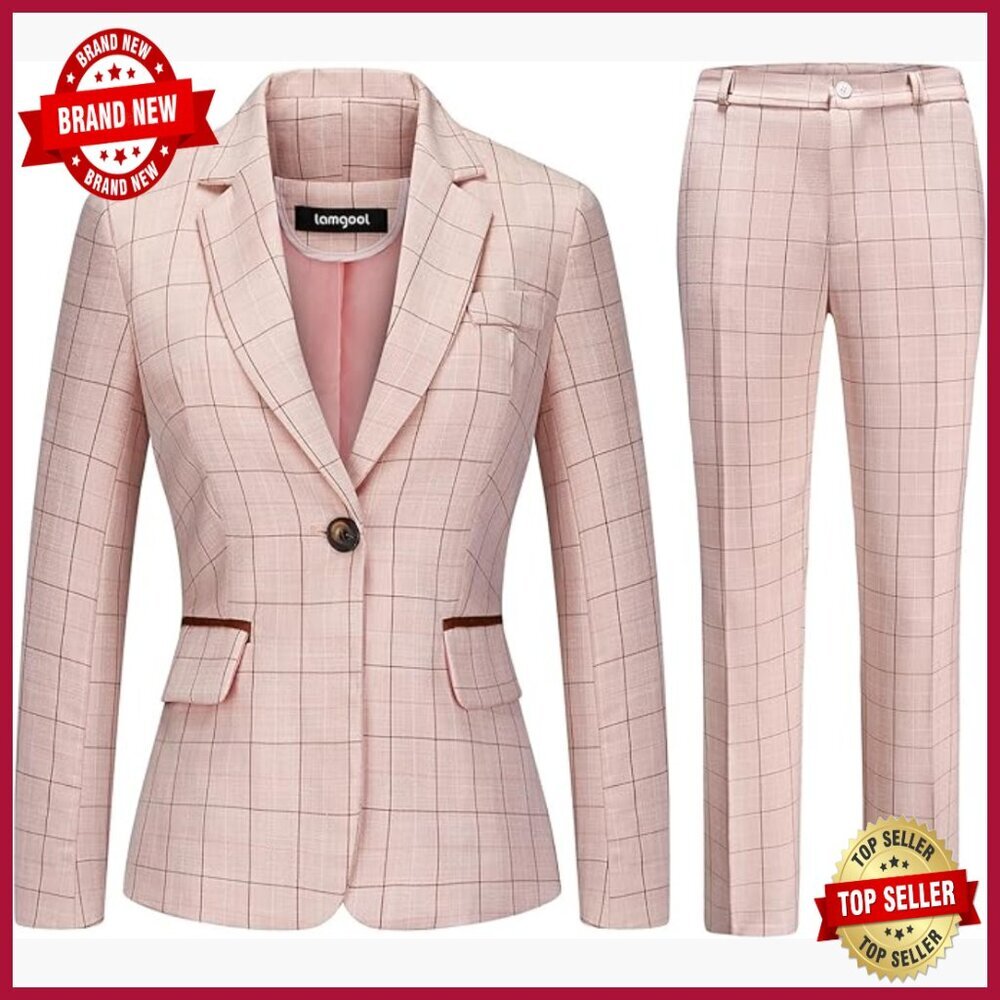 Women's 2-Piece Plaid Suit Set, Lined Blazer & Pants, Business Office Attire